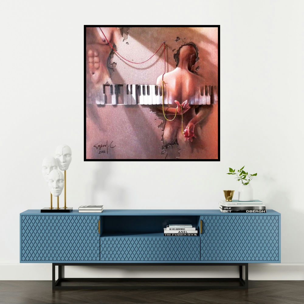 'Wings Of Music (Interconnected Figures)' painting by Gopal Chowdhury shown on a wall in a furnished room.