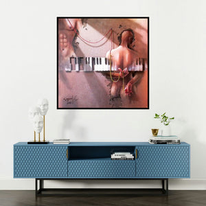 'Wings Of Music (Interconnected Figures)' painting by Gopal Chowdhury shown on a wall in a furnished room.