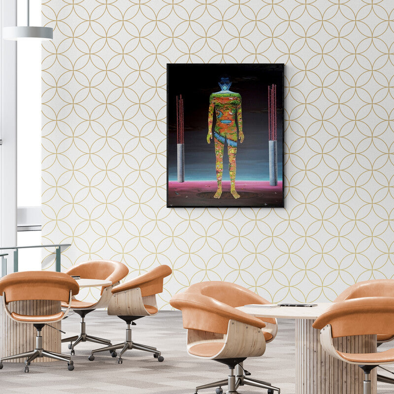 In-situ view of Sajith Puthukkalavattom's 'Wings Sporting Earthworms' painting in a room