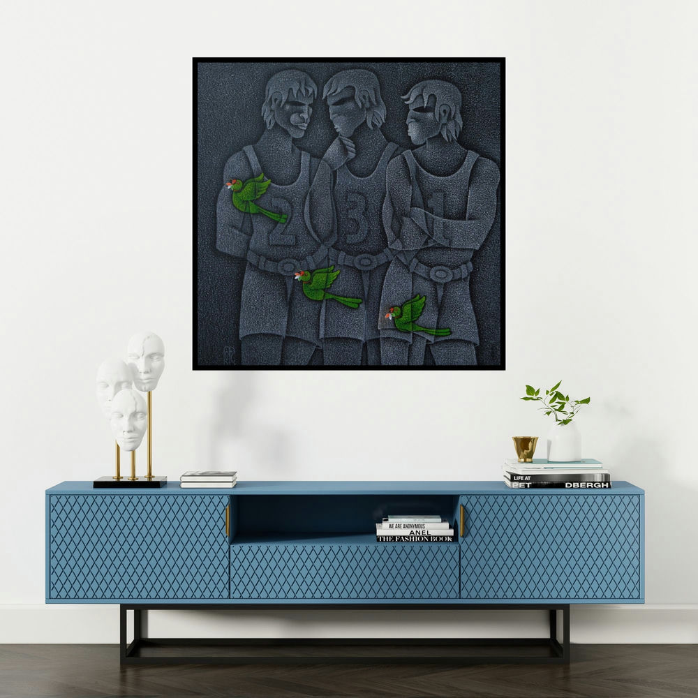 'Winners Podium (The Trio)' painting by Satyajeet Shinde shown on a wall in a furnished room.