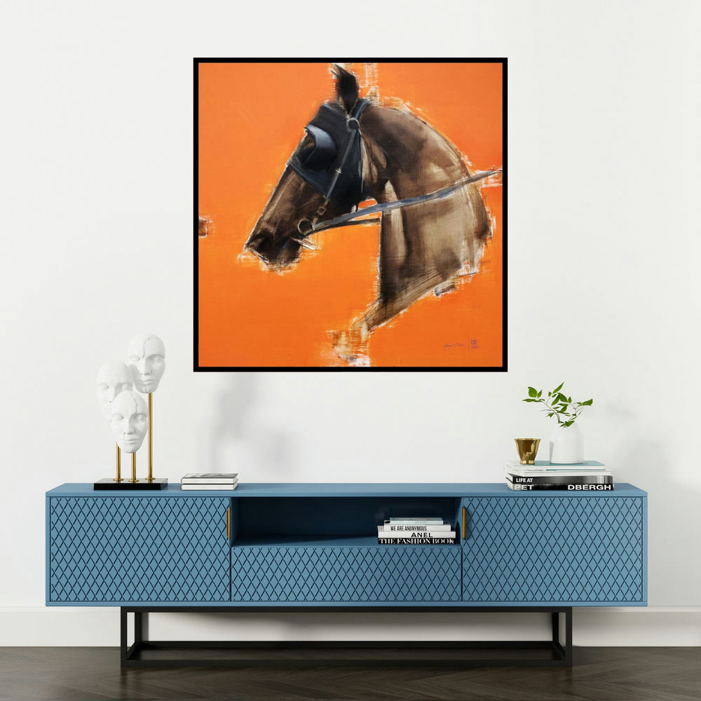 'A Winning Bet (Focused Gaze)' painting by Aditya Shirke shown on a wall in a furnished room.