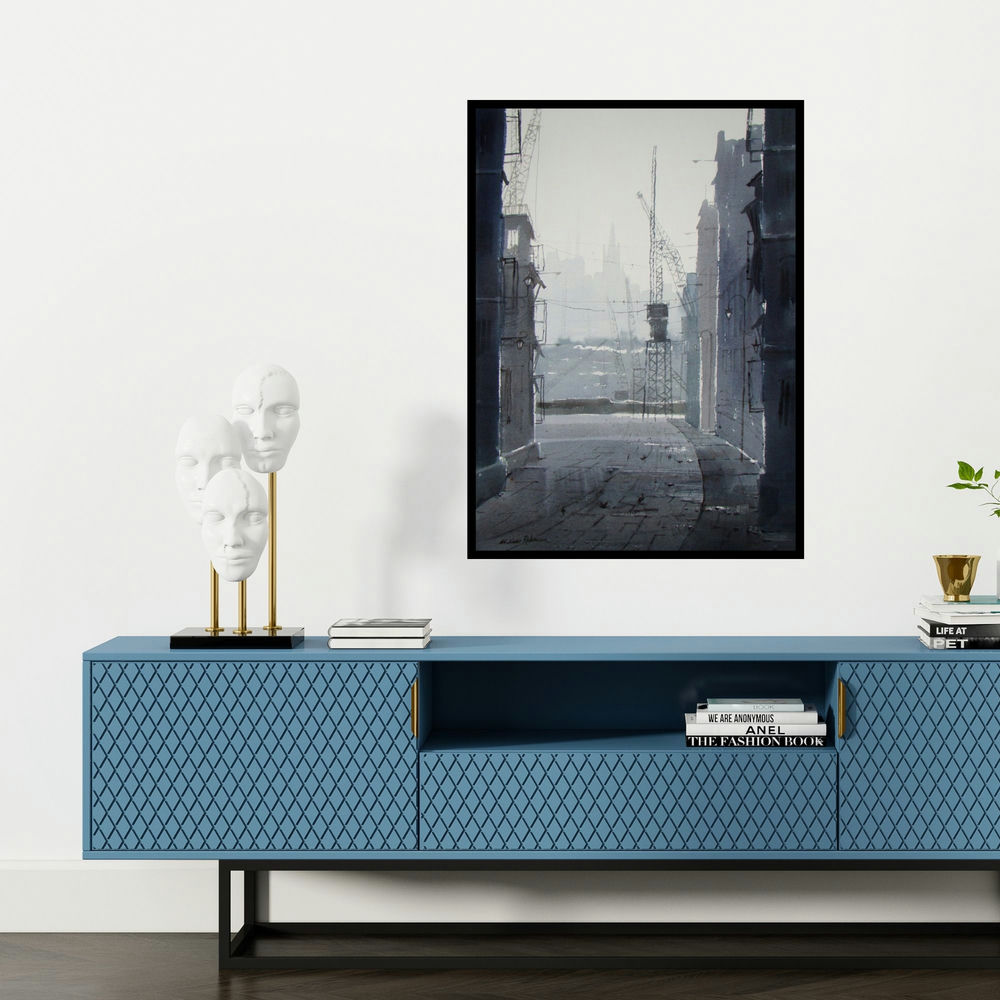 'Winter (Industrial Harbor)' painting by Jiaur Rahman shown on a wall in a furnished room.