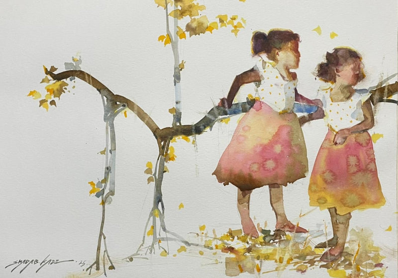 'Winter' figurative watercolor painting by artist Shadab Kazi, 11x16 inch, on paper