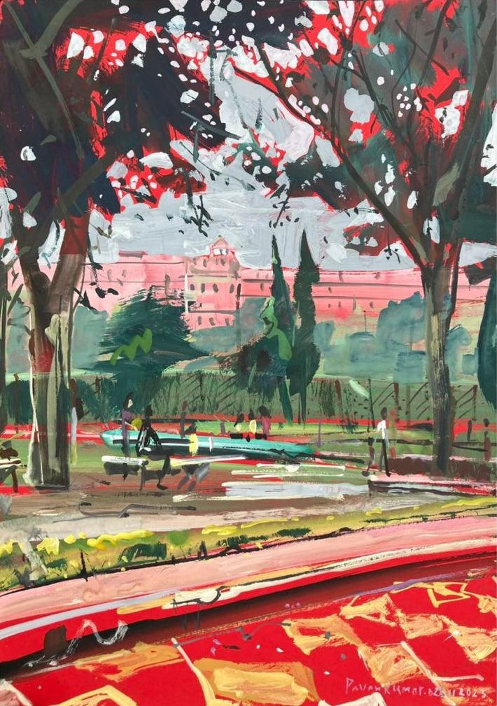 Landscape acrylic painting titled 'Winter Evening 1', 15x11 inch, by artist Pavan Kumar on Canvas