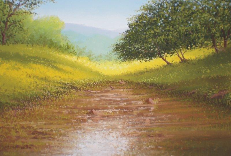 Landscape oil painting titled 'winter greenery', 22x15 inches, by artist Fareed Ahmed on Canvas Board
