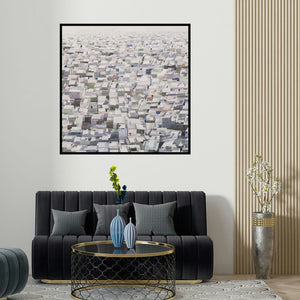 Madan Pawar's 'Winter Light' painting visualized above a sofa in a contemporary room.