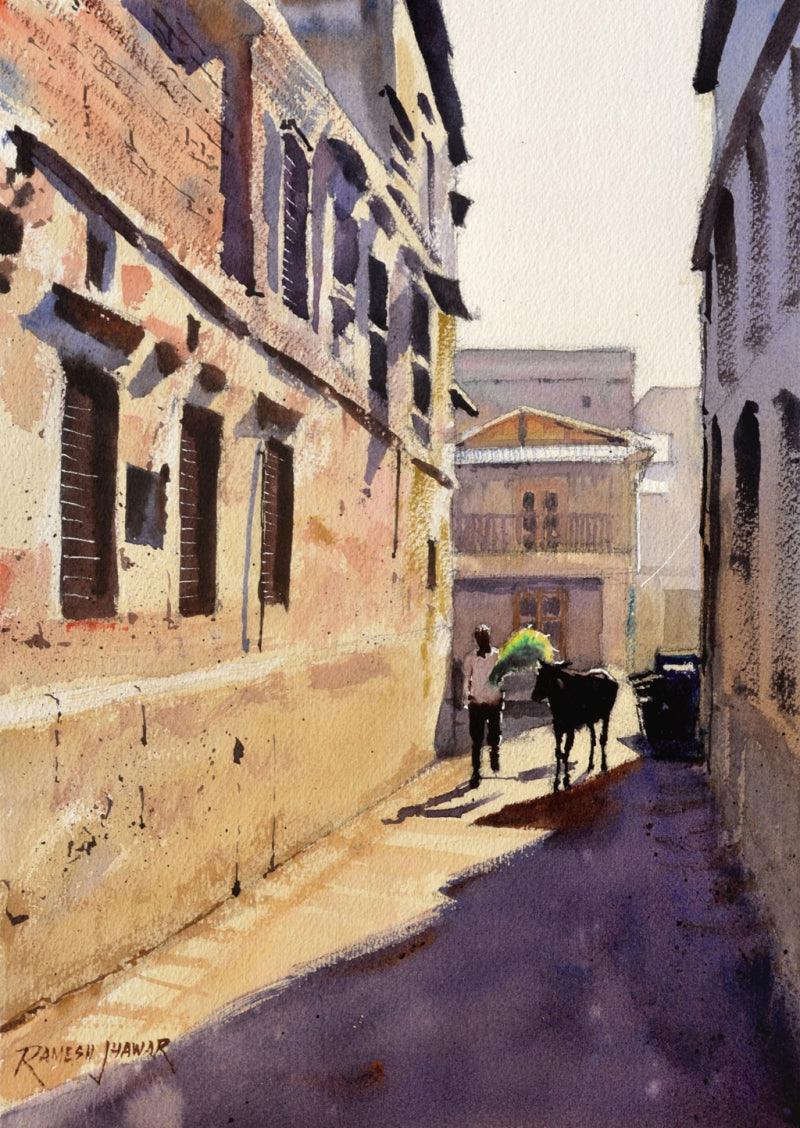 Cityscape watercolor painting titled 'Winter Morning Light', 14x10 inches, by artist Ramesh Jhawar on Paper