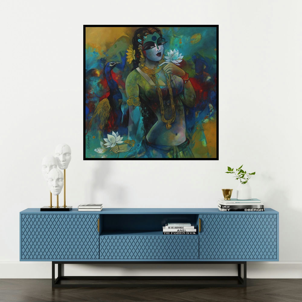 'Woman' painting by Rajeshwar Nyalapalli shown on a wall in a furnished room.