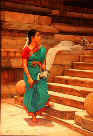Figurative oil painting titled 'Woman at the Temple Step', 24x17 inches, by artist S Elayaraja on Canvas