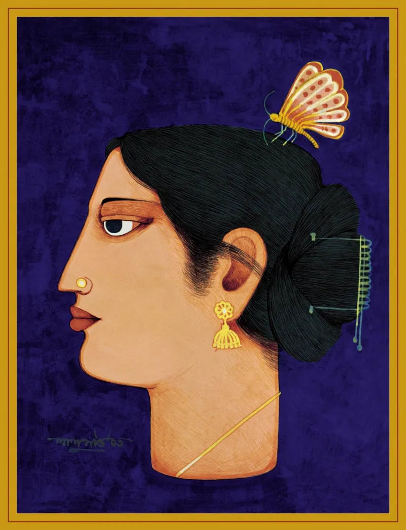 Figurative serigraphs painting titled 'Woman With Butterfly', 30x22 inch, by artist Lalu Prasad Shaw on Paper