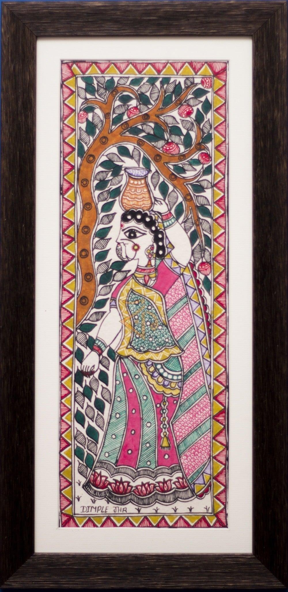 Folk Art madhubani traditional art titled 'Woman Carrying Pot Madhubani Painting', 17x8 inches, by artist Kalaviti Arts on Cloth