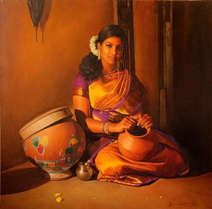 Figurative oil painting titled 'Woman Holding The Pot', 24x24 inches, by artist S Elayaraja on Canvas