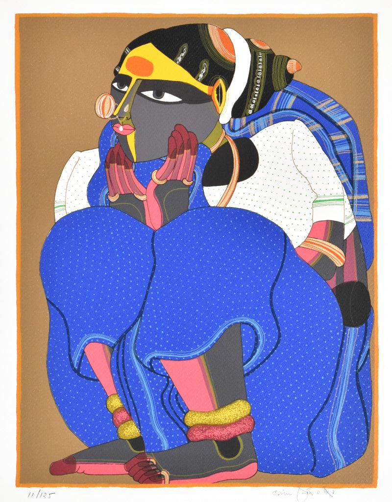 Figurative serigraphs painting titled 'Woman In White And Blue', 20x16 inches, by artist Thota Vaikuntam on Paper