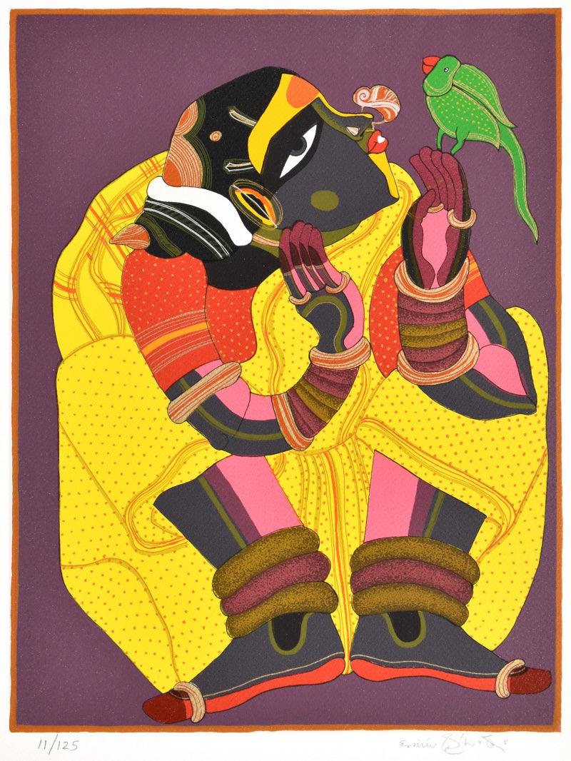 Figurative serigraphs painting titled 'Woman In Yellow', 20x16 inches, by artist Thota Vaikuntam on Paper