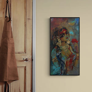 In-situ view of Rajeshwar Nyalapalli's 'Woman With Pecock' painting in a room