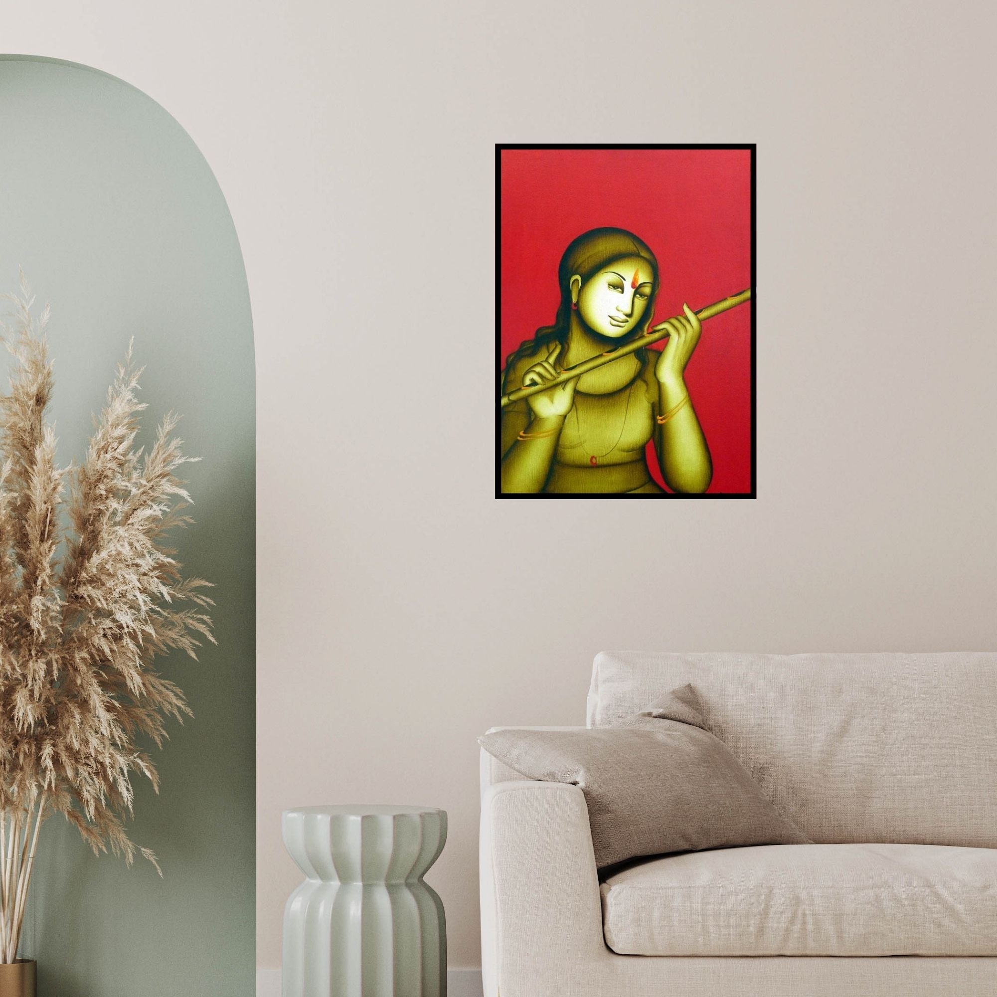 In-situ view of Monica's 'Woman Playing Flute' painting in a room