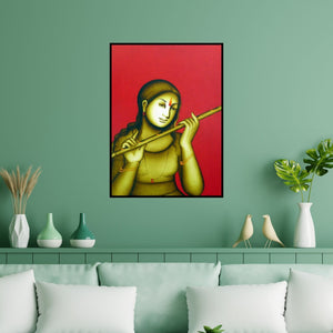 Preview of 'Woman Playing Flute' Painting by Monica shown on a wall in a furnished room.