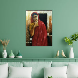 Preview of 'Woman In Red Saree' Painting by Shankar Kendale shown on a wall in a furnished room.
