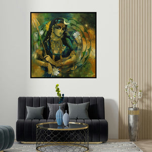 Rajeshwar Nyalapalli's 'Woman With Sri Chekra' painting visualized above a sofa in a contemporary room.