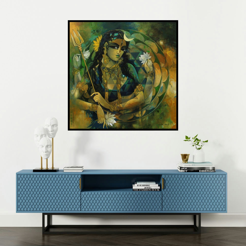 'Woman With Sri Chekra' painting by Rajeshwar Nyalapalli shown on a wall in a furnished room.