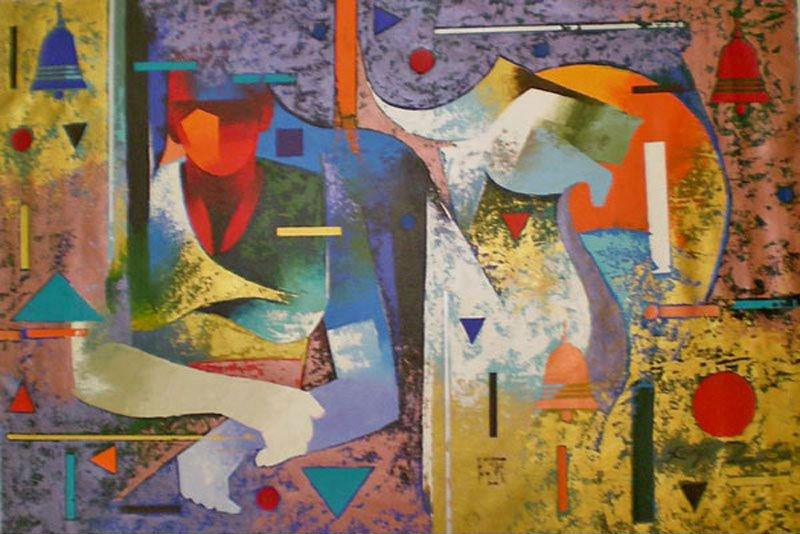 Figurative acrylic painting titled 'Woman With Bull', 31x46 inches, by artist Ranjit Singh on Canvas