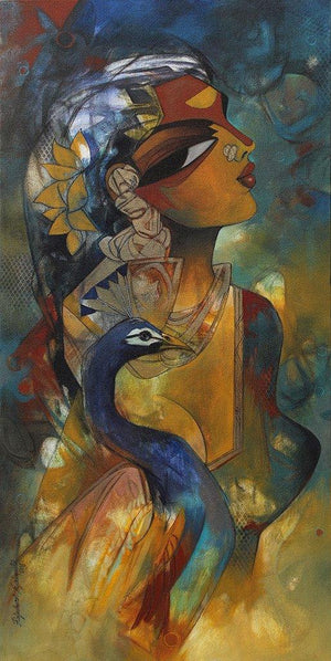 Figurative acrylic painting titled 'Woman with Peacock', 36x18 inches, by artist Rajeshwar Nyalapalli on Canvas