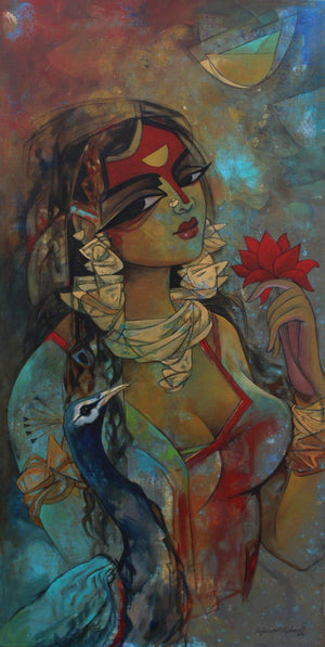 Figurative acrylic painting titled 'Woman With Pecock', 36x18 inches, by artist Rajeshwar Nyalapalli on Canvas