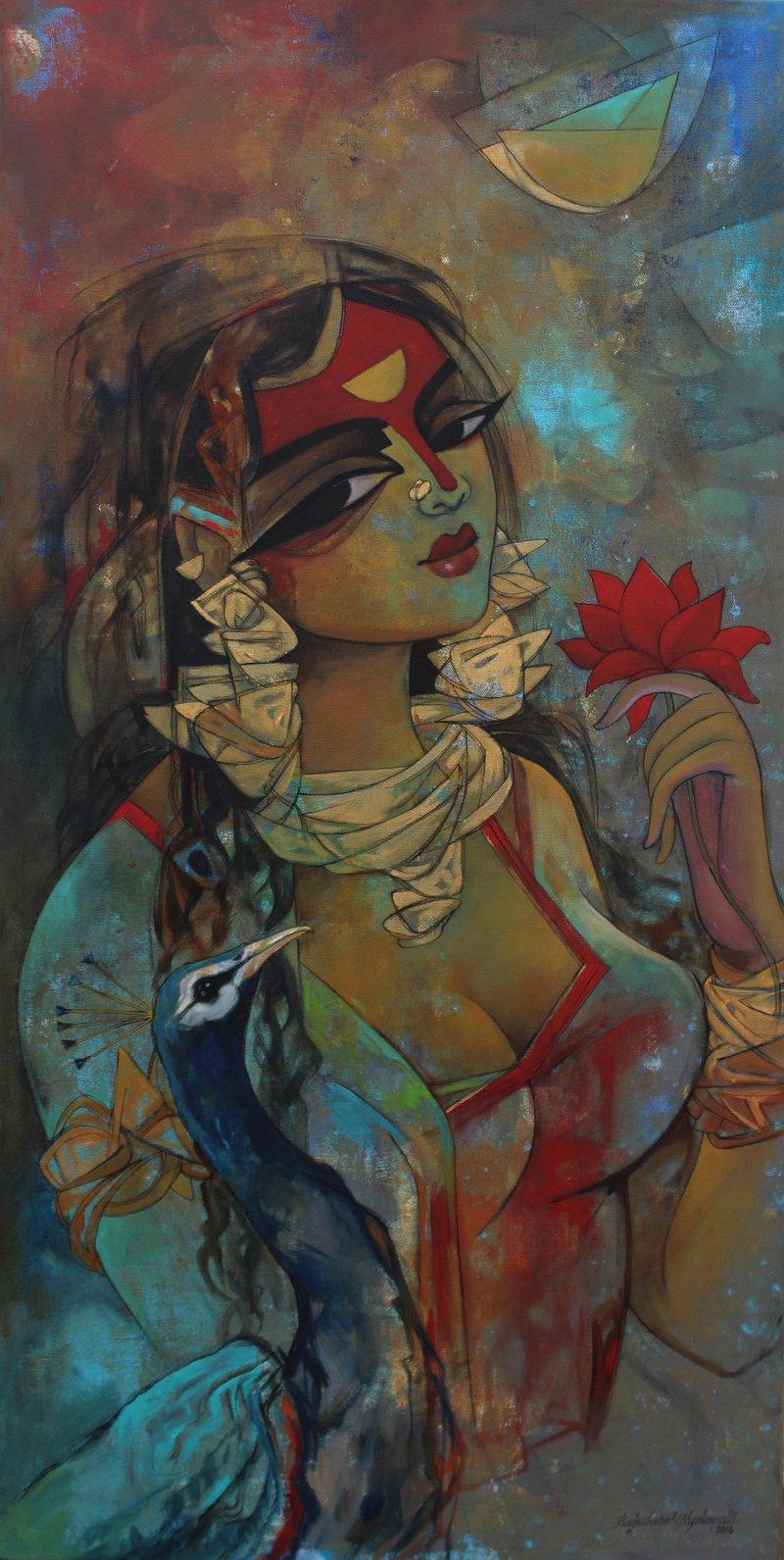 Figurative acrylic painting titled 'Woman With Pecock', 36x18 inches, by artist Rajeshwar Nyalapalli on Canvas