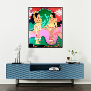 Narayanankutty Kasthuril's 'Women' painting visualized above a sofa in a contemporary room.