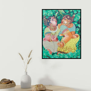 Bhawandla Narahari's 'Women 1 (Two Women)' painting visualized above a sofa in a contemporary room.