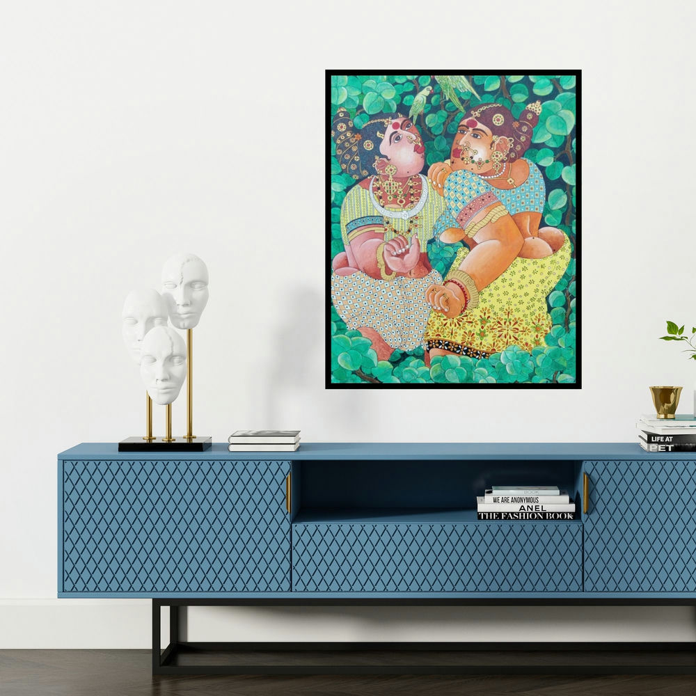 'Women 1 (Two Women)' painting by Bhawandla Narahari shown on a wall in a furnished room.
