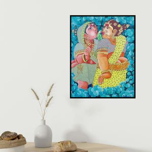 Bhawandla Narahari's 'Women 3 (Divine Embrace)' painting visualized above a sofa in a contemporary room.