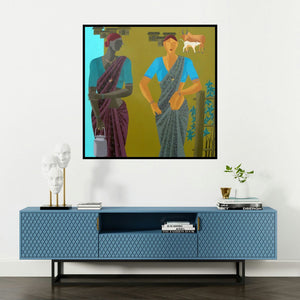 'The Women' painting by Abhiram Bairu shown on a wall in a furnished room.