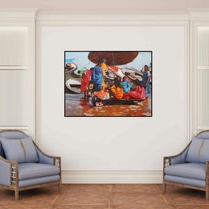 'Women In Boat Banaras Ghat' painting by Sachin Sawant shown on a wall in a furnished room.