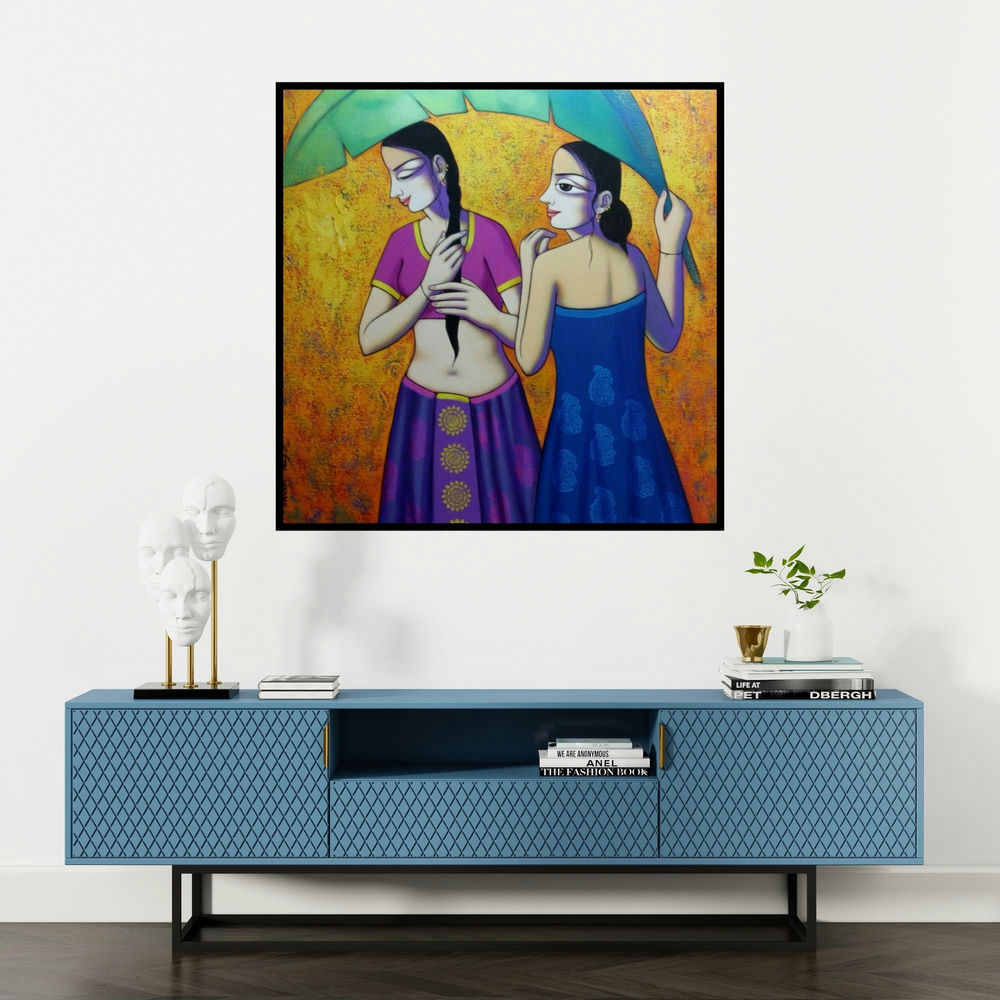 'Women Enjoying Rain' painting by Pravin Utge shown on a wall in a furnished room.