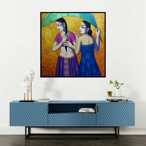 'Women Enjoying Rain' painting by Pravin Utge shown on a wall in a furnished room.