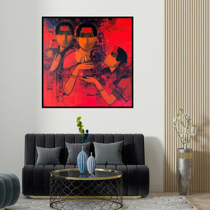 Sachin Sagare's 'Women Gossiping 21' painting visualized above a sofa in a contemporary room.
