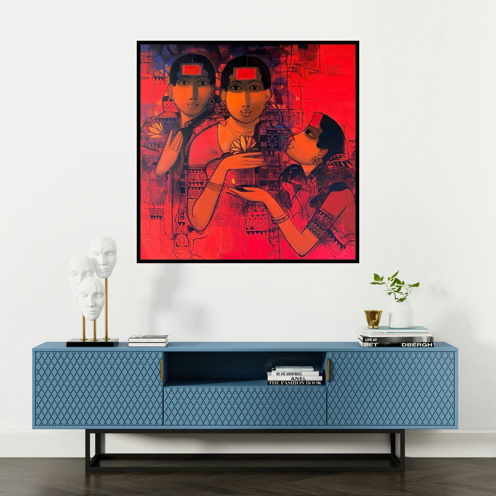 'Women Gossiping 21' painting by Sachin Sagare shown on a wall in a furnished room.