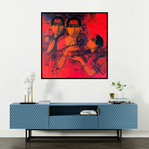 'Women Gossiping 21' painting by Sachin Sagare shown on a wall in a furnished room.