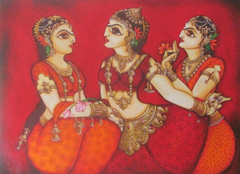 Figurative acrylic painting titled 'Women Gossiping', 36x48 inches, by artist Rahul Phulkar on Canvas