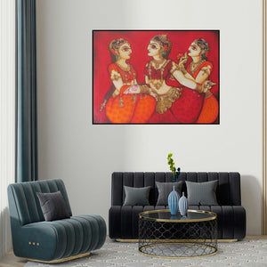 Rahul Phulkar's 'Women Gossiping (Village Chatter)' painting visualized above a sofa in a contemporary room.