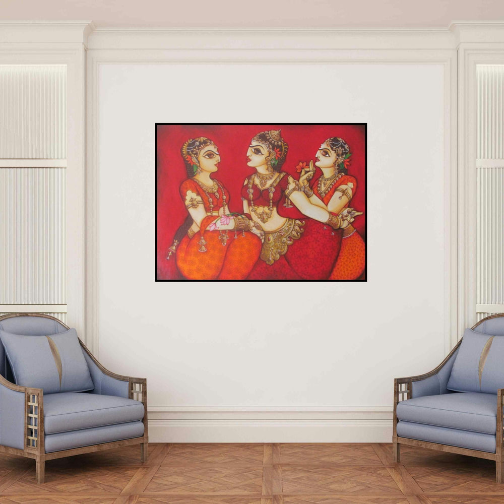 'Women Gossiping (Village Chatter)' painting by Rahul Phulkar shown on a wall in a furnished room.