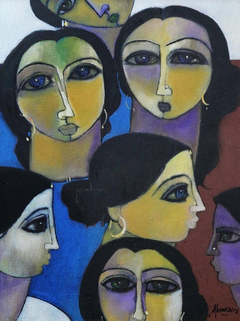 Figurative oil painting titled 'Women In Group', 18x24 inches, by artist Abrar Ahmed on Canvas