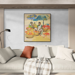 Preview of 'Women Selling Flowers' Painting by Satyajeet Varekar shown on a wall in a furnished room.