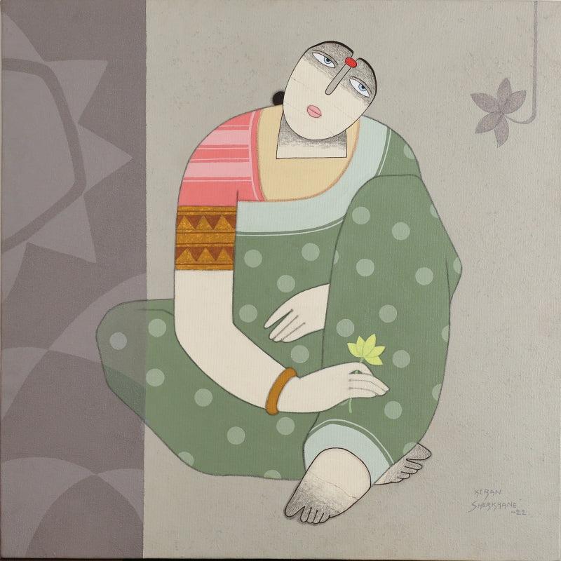 Figurative mixed media painting titled 'Women With Flower', 24x24 inches, by artist Kiran Sherkhane on Canvas