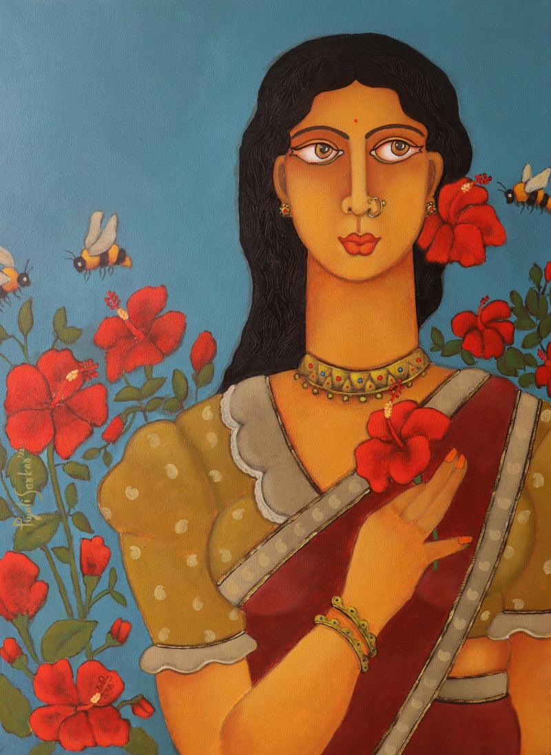 Figurative acrylic painting titled 'Women With Hibiscus', 20x24 inches, by artist Piyali Sarkar on Canvas