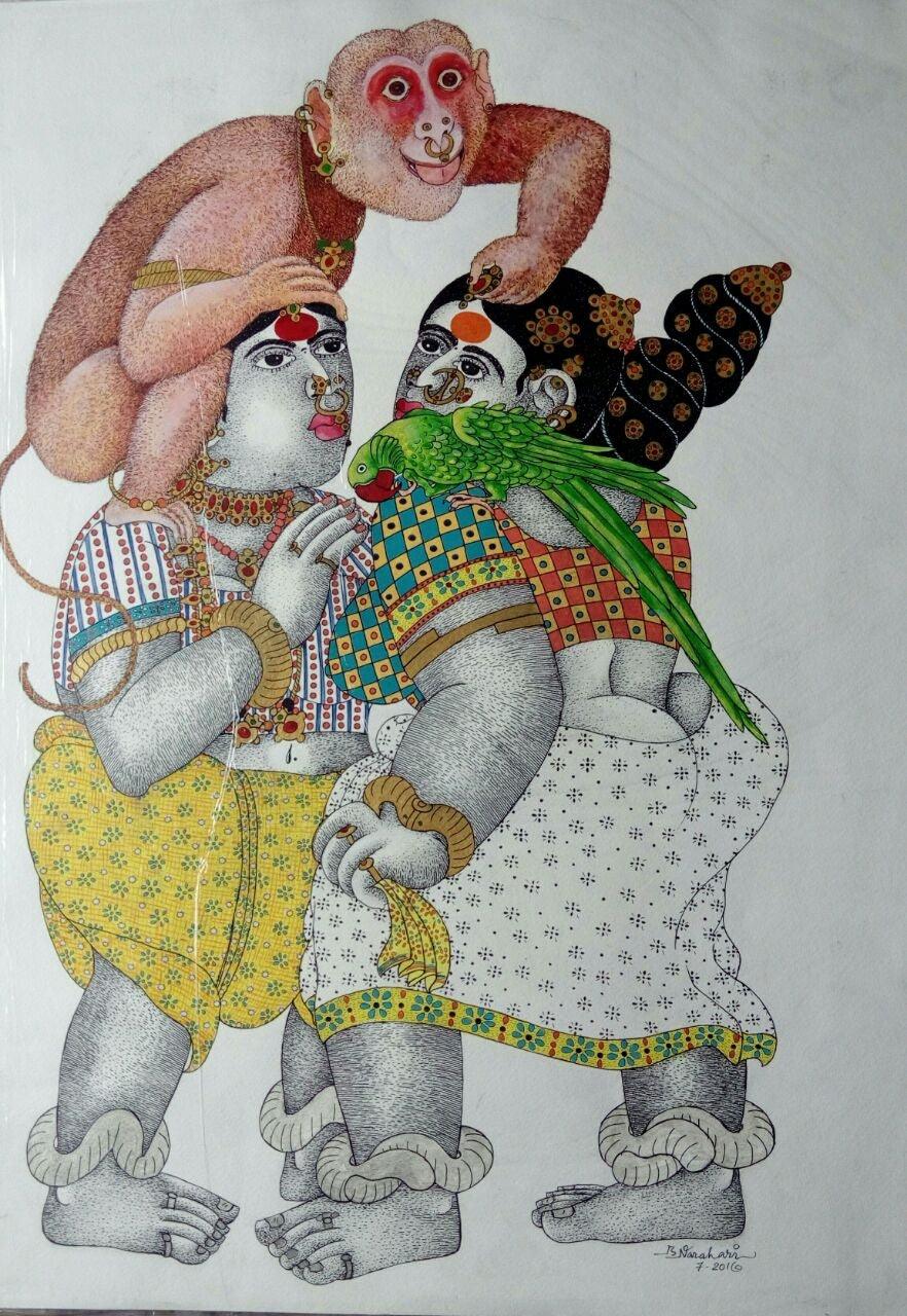 Figurative acrylic painting titled 'Women with Monkey', 30x22 inches, by artist Bhawandla Narahari on Paper