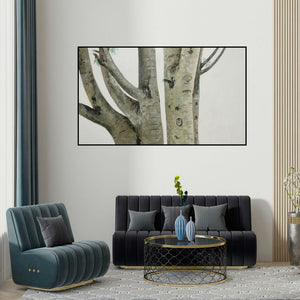 Dilip Mali's 'Wood Note 3 (Textured Terrain)' painting visualized above a sofa in a contemporary room.