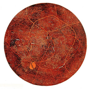 Wooden Viscosity 4 (Crimson Labyrinth) by Murali Chinnasami, Original Acrylic Abstract Painting on Wood, Small Circular Wall Art