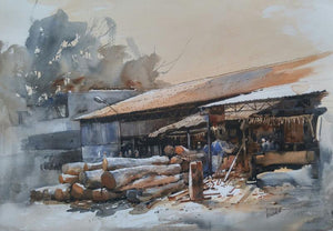 Woodmart (Untitled) by Bijay Biswaal, Original Watercolor Cityscape Painting on Paper, Small Horizontal Wall Art